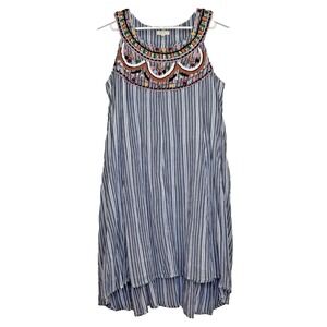 Kyla Seo Dress Womens Size Medium Blue Stripe Embroidered Round Neck Sleeveless
